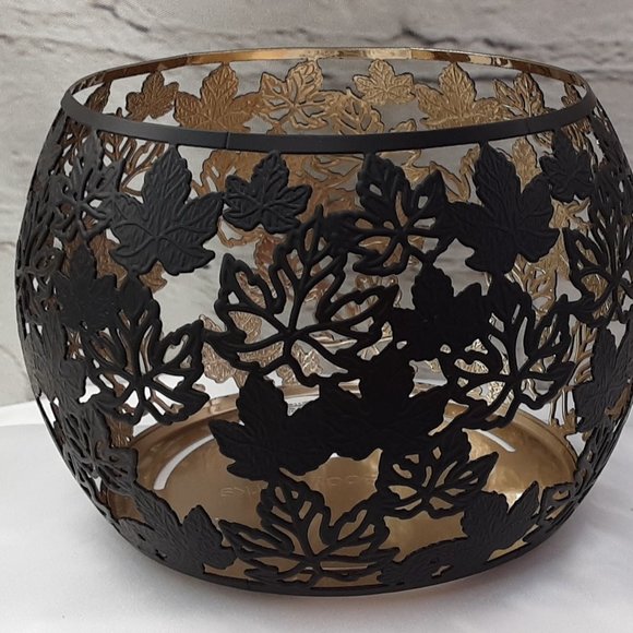 BATH & BODY WORKS FLANKED~LEAF MATTE BLACK GOLD INLAY 3~WICK CANDLE CHANDLER - Picture 3 of 16